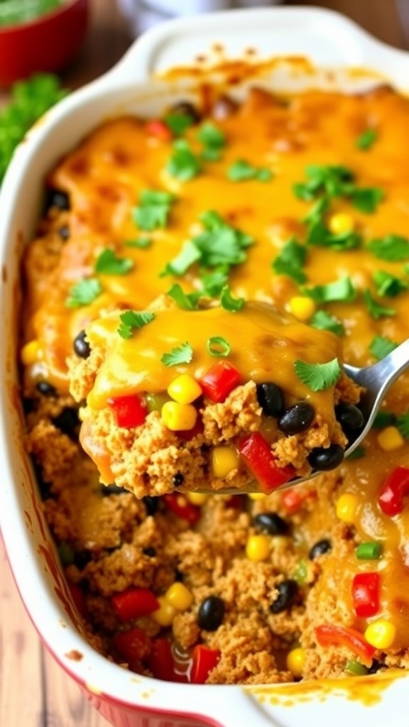 A delicious Mexican casserole with ground turkey, black beans, corn, and melted cheese, garnished with cilantro.